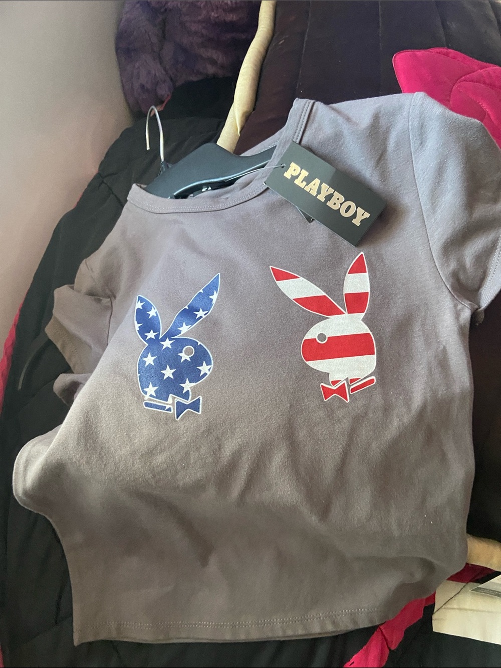PlayboyGray T-Shirt with American Flag Bunny Graphics